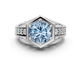 Silver Hexagon Bezel Fancy Blue Round Cut Diamond Milgrain Split Shank Ring_6