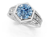 Silver Hexagon Bezel Fancy Blue Round Cut Diamond Milgrain Split Shank Ring_7