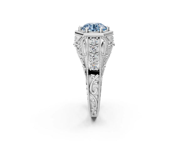 Silver Hexagon Bezel Fancy Blue Round Cut Diamond Milgrain Split Shank Ring