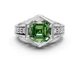 Silver Hexagon Bezel Fancy Green Asscher Cut Diamond Milgrain Split Shank Ring_12