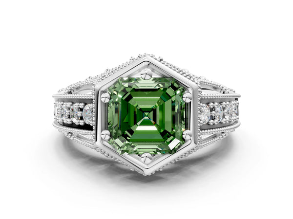 Silver Hexagon Bezel Fancy Green Asscher Cut Diamond Milgrain Split Shank Ring