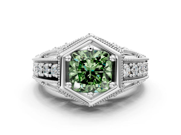 Silver Hexagon Bezel Fancy Green Cushion Cut Diamond Milgrain Split Shank Ring
