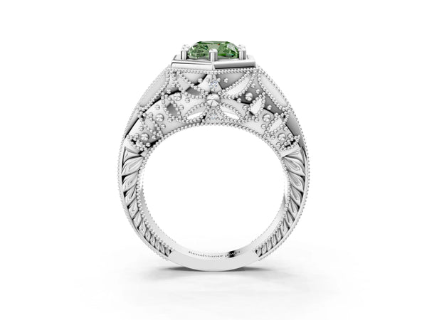 Silver Hexagon Bezel Fancy Green Cushion Cut Diamond Milgrain Split Shank Ring
