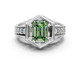 Silver Hexagon Bezel Fancy Green Emerald Cut Diamond Milgrain Split Shank Ring_6