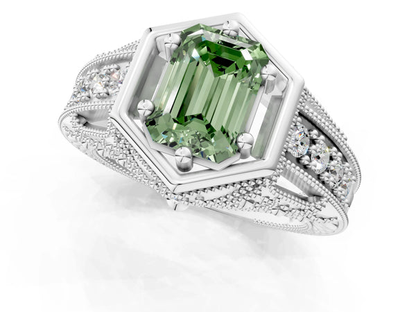 Silver Hexagon Bezel Fancy Green Emerald Cut Diamond Milgrain Split Shank Ring