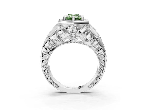 Silver Hexagon Bezel Fancy Green Emerald Cut Diamond Milgrain Split Shank Ring