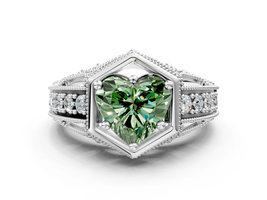 Silver Hexagon Bezel Fancy Green Heart Cut Diamond Milgrain Split Shank Ring_6