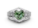 Silver Hexagon Bezel Fancy Green Heart Cut Diamond Milgrain Split Shank Ring_6