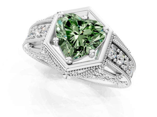 Silver Hexagon Bezel Fancy Green Heart Cut Diamond Milgrain Split Shank Ring