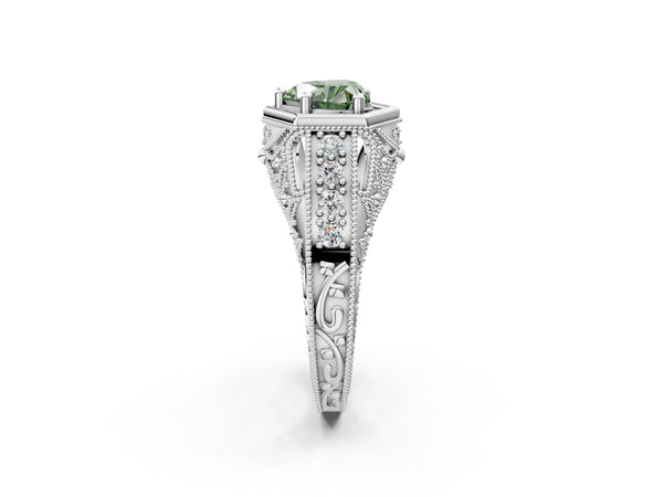 Silver Hexagon Bezel Fancy Green Heart Cut Diamond Milgrain Split Shank Ring