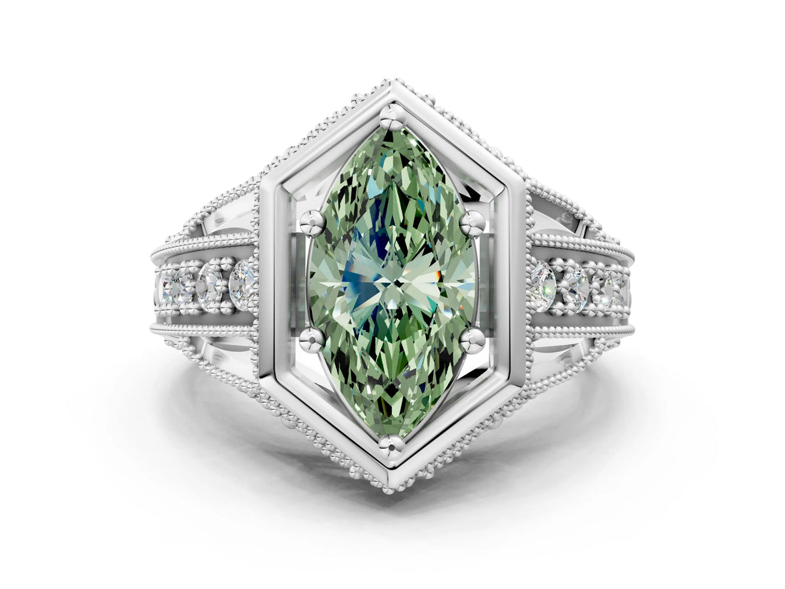 Silver Hexagon Bezel Fancy Green Marquise Cut Diamond Milgrain Split Shank Ring_6