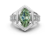 Silver Hexagon Bezel Fancy Green Marquise Cut Diamond Milgrain Split Shank Ring_6
