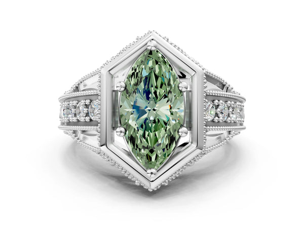 Silver Hexagon Bezel Fancy Green Marquise Cut Diamond Milgrain Split Shank Ring