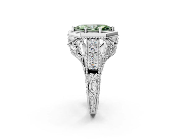 Silver Hexagon Bezel Fancy Green Marquise Cut Diamond Milgrain Split Shank Ring