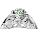 Silver Hexagon Bezel Fancy Green Oval Cut Diamond Milgrain Split Shank Ring_10
