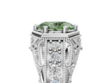 Silver Hexagon Bezel Fancy Green Oval Cut Diamond Milgrain Split Shank Ring_11