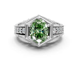 Silver Hexagon Bezel Fancy Green Oval Cut Diamond Milgrain Split Shank Ring_6