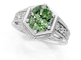 Silver Hexagon Bezel Fancy Green Oval Cut Diamond Milgrain Split Shank Ring_7