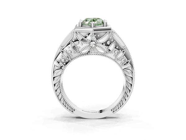 Silver Hexagon Bezel Fancy Green Oval Cut Diamond Milgrain Split Shank Ring