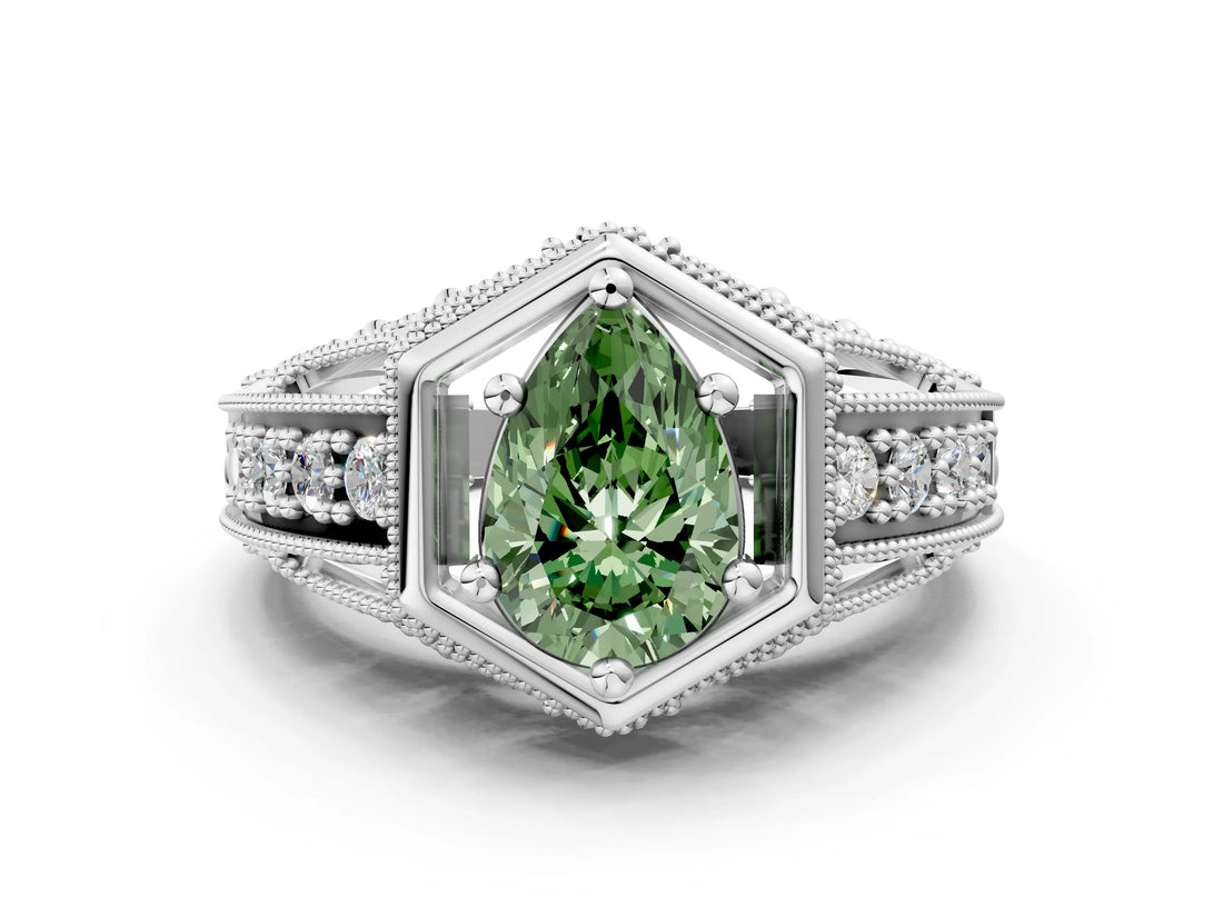 Silver Hexagon Bezel Fancy Green Pear Cut Diamond Milgrain Split Shank Ring_12
