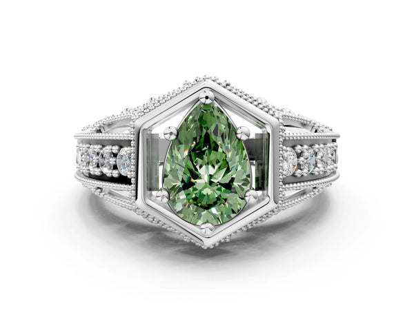Silver Hexagon Bezel Fancy Green Pear Cut Diamond Milgrain Split Shank Ring