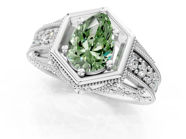 Silver Hexagon Bezel Fancy Green Pear Cut Diamond Milgrain Split Shank Ring