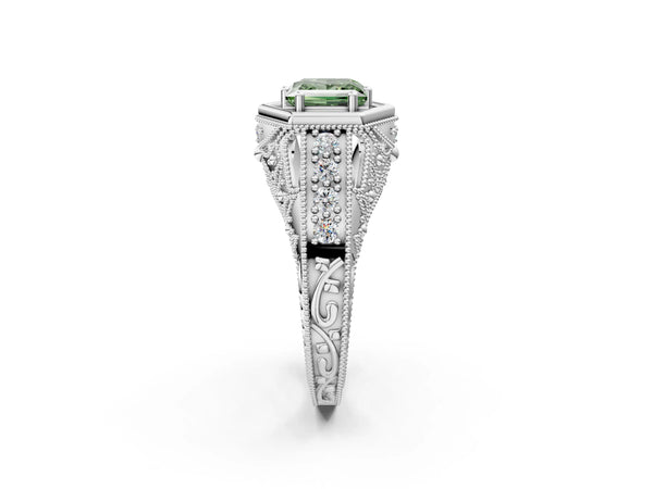 Silver Hexagon Bezel Fancy Green Princess Cut Diamond Milgrain Split Shank Ring