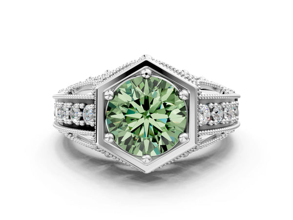 Silver Hexagon Bezel Fancy Green Round Cut Diamond Milgrain Split Shank Ring