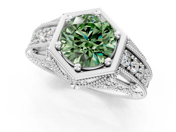 Silver Hexagon Bezel Fancy Green Round Cut Diamond Milgrain Split Shank Ring