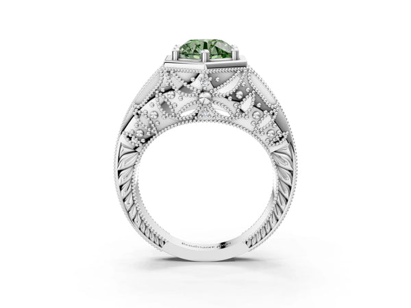 Silver Hexagon Bezel Fancy Green Round Cut Diamond Milgrain Split Shank Ring