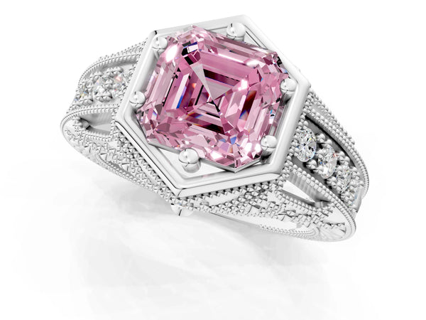 Silver Hexagon Bezel Fancy Pink Asscher Cut Diamond Milgrain Split Shank Ring