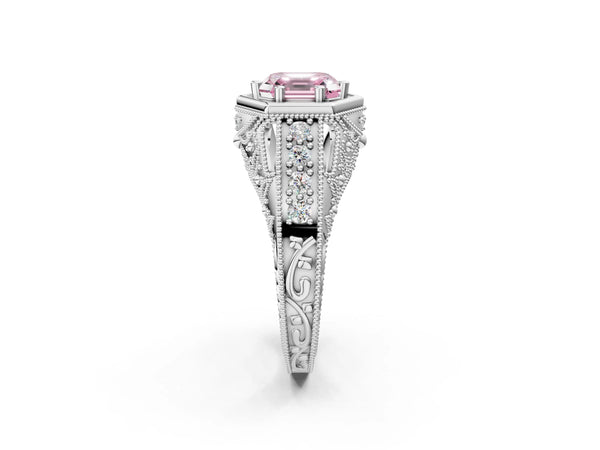 Silver Hexagon Bezel Fancy Pink Asscher Cut Diamond Milgrain Split Shank Ring