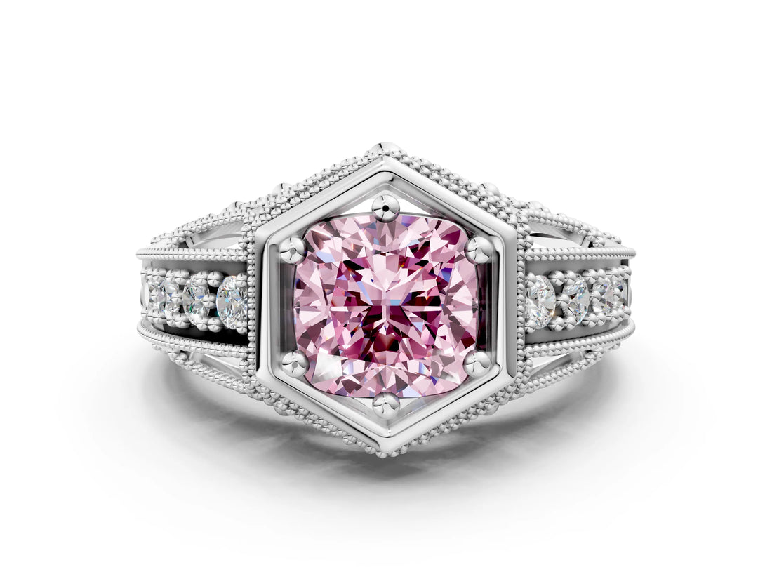 Silver Hexagon Bezel Fancy Pink Cushion Cut Diamond Milgrain Split Shank Ring_84