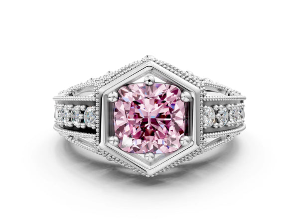 Silver Hexagon Bezel Fancy Pink Cushion Cut Diamond Milgrain Split Shank Ring
