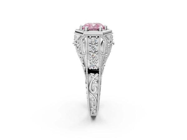 Silver Hexagon Bezel Fancy Pink Cushion Cut Diamond Milgrain Split Shank Ring
