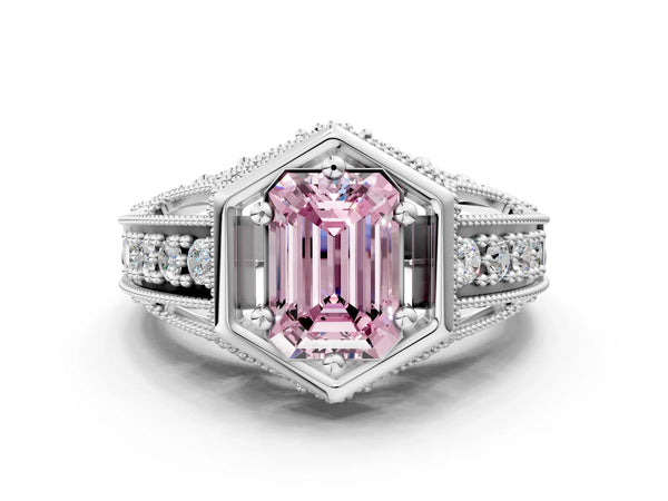 Silver Hexagon Bezel Fancy Pink Emerald Cut Diamond Milgrain Split Shank Ring