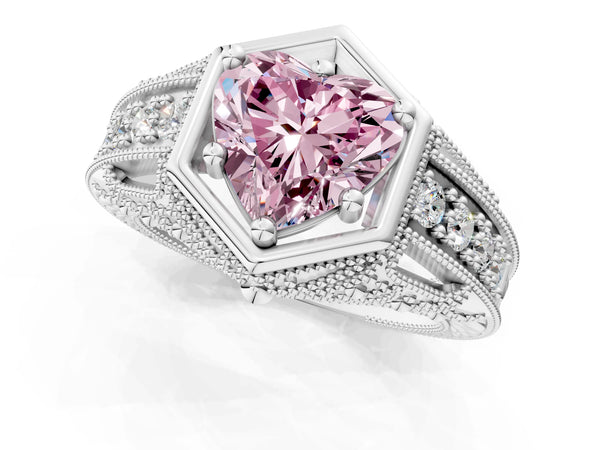 Silver Hexagon Bezel Fancy Pink Heart Cut Diamond Milgrain Split Shank Ring