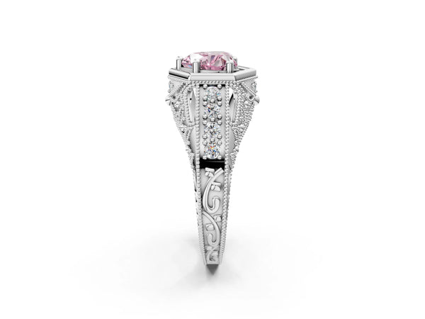 Silver Hexagon Bezel Fancy Pink Heart Cut Diamond Milgrain Split Shank Ring