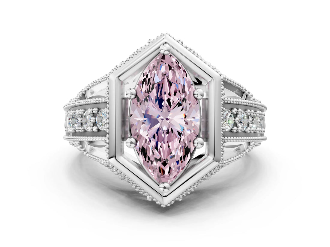 Silver Hexagon Bezel Fancy Pink Marquise Cut Diamond Milgrain Split Shank Ring_6