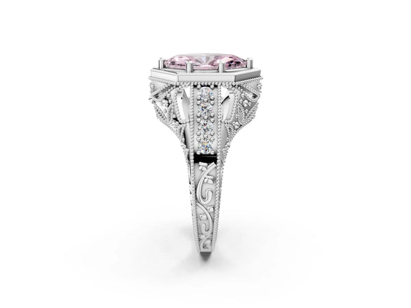 Silver Hexagon Bezel Fancy Pink Marquise Cut Diamond Milgrain Split Shank Ring