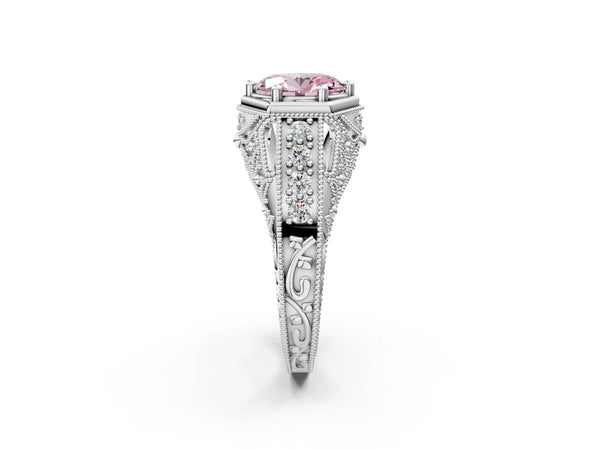 Silver Hexagon Bezel Fancy Pink Oval Cut Diamond Milgrain Split Shank Ring