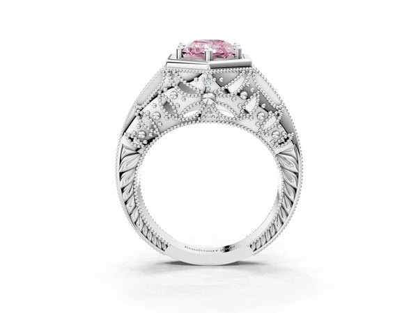 Silver Hexagon Bezel Fancy Pink Radiant Cut Diamond Milgrain Split Shank Ring