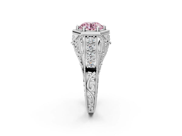Silver Hexagon Bezel Fancy Pink Round Cut Diamond Milgrain Split Shank Ring