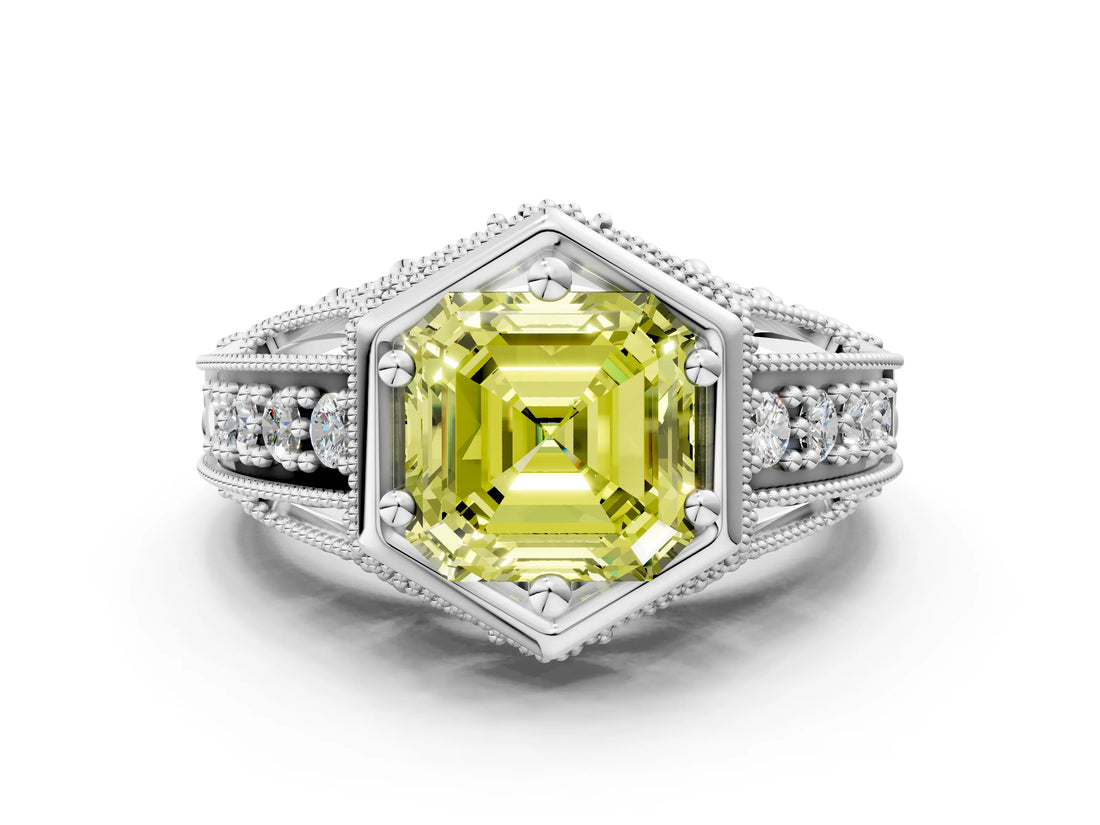 Silver Hexagon Bezel Fancy Yellow Asscher Cut Diamond Milgrain Split Shank Ring_6