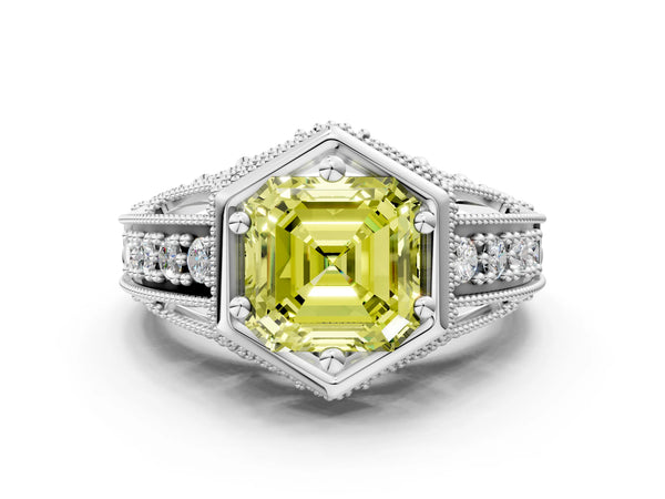 Silver Hexagon Bezel Fancy Yellow Asscher Cut Diamond Milgrain Split Shank Ring