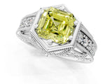 Silver Hexagon Bezel Fancy Yellow Asscher Cut Diamond Milgrain Split Shank Ring_7