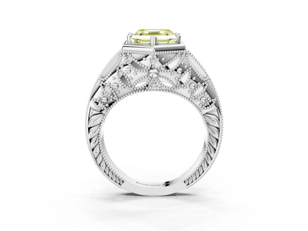 Silver Hexagon Bezel Fancy Yellow Asscher Cut Diamond Milgrain Split Shank Ring