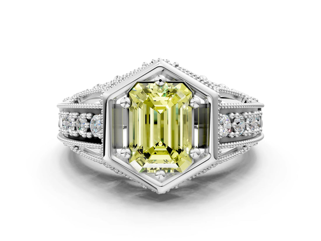 Silver Hexagon Bezel Fancy Yellow Emerald Cut Diamond Milgrain Split Shank Ring_6