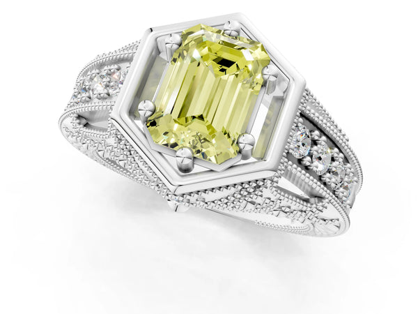 Silver Hexagon Bezel Fancy Yellow Emerald Cut Diamond Milgrain Split Shank Ring