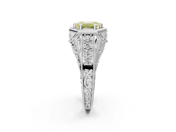 Silver Hexagon Bezel Fancy Yellow Emerald Cut Diamond Milgrain Split Shank Ring